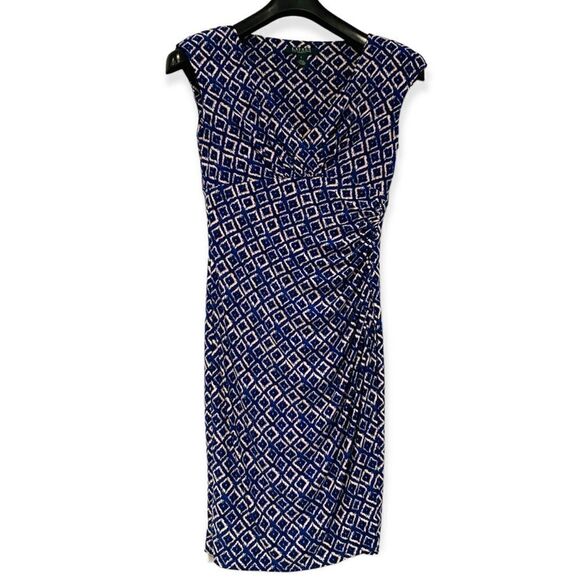 Lauren Ralph Lauren Blue Geometric Print Cap Sleeve Ruched Dress Size 6 - Picture 1 of 5